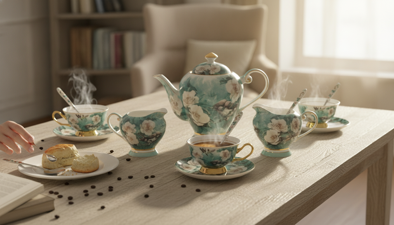 Bone China Coffee Cup Set: Cups, Saucers & Sugar Jar